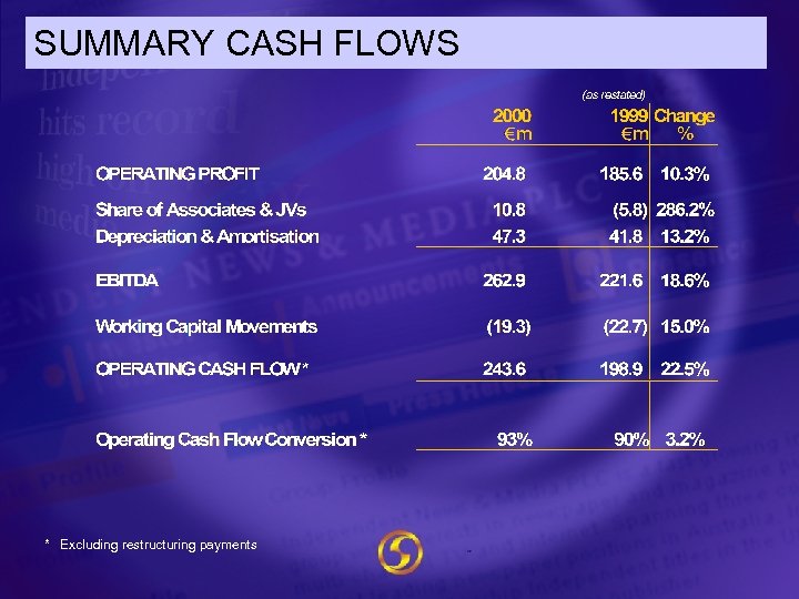 SUMMARY CASH FLOWS * Excluding restructuring payments 