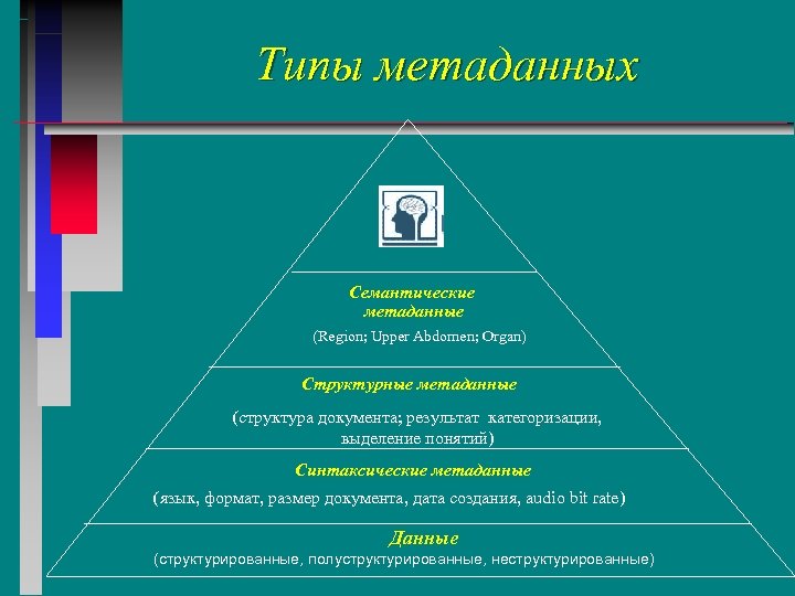 Типы метаданных Семантические метаданные (Region; Upper Abdomen; Organ) Структурные метаданные (структура документа; результат категоризации,