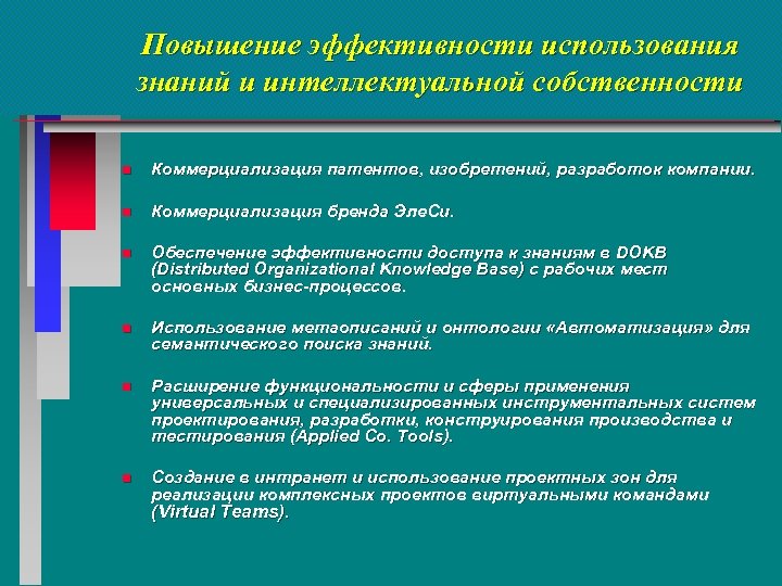 Повышение эффективности использования знаний и интеллектуальной собственности n Коммерциализация патентов, изобретений, разработок компании. n