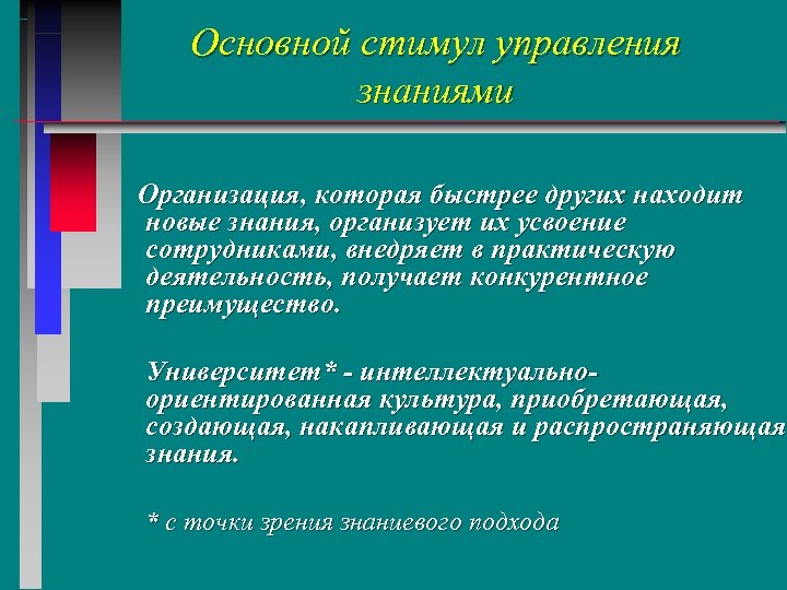 Основной стимул управления знаниями Организация, которая быстрее других находит новые знания, организует их усвоение