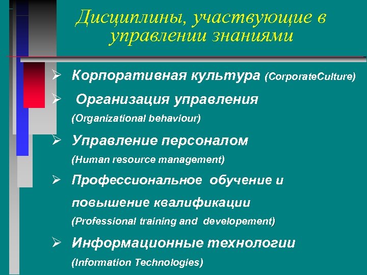 Дисциплины, участвующие в управлении знаниями Ø Корпоративная культура (Corporate. Culture) Ø Организация управления (Organizational