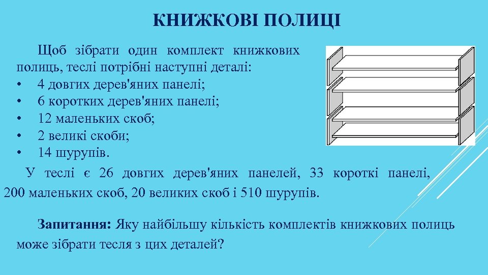 КНИЖКОВІ ПОЛИЦІ Щоб зібрати один комплект книжкових полиць, теслі потрібні наступні деталі: • 4