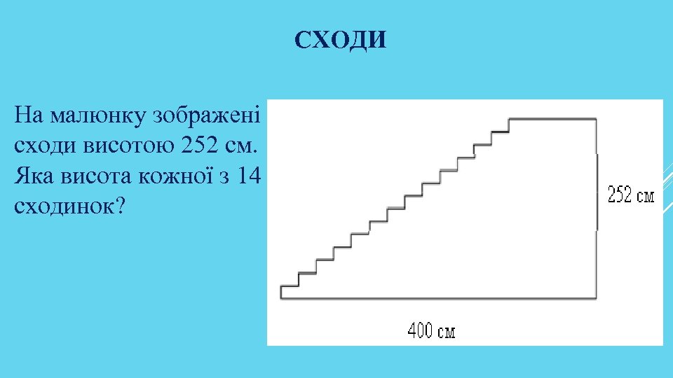 СХОДИ На малюнку зображені сходи висотою 252 см. Яка висота кожної з 14 сходинок?
