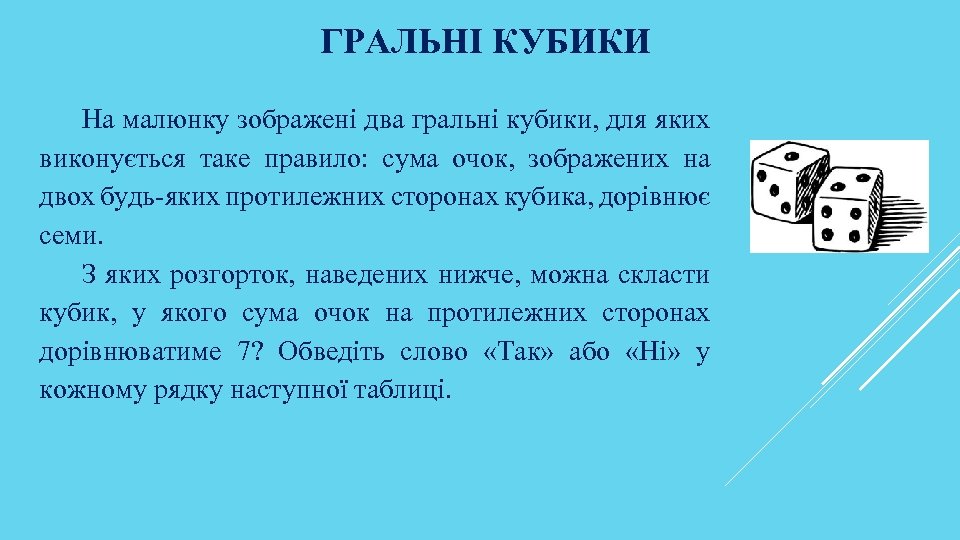 ГРАЛЬНІ КУБИКИ На малюнку зображені два гральні кубики, для яких виконується таке правило: сума