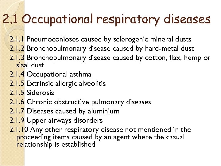 2. 1 Occupational respiratory diseases 2. 1. 1 Pneumoconioses caused by sclerogenic mineral dusts