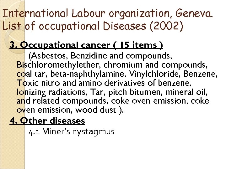 International Labour organization, Geneva. List of occupational Diseases (2002) 3. Occupational cancer ( 15