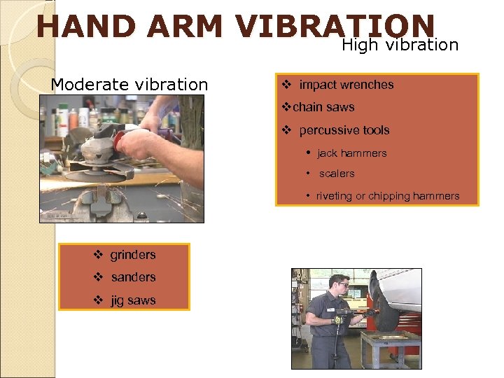 HAND ARM VIBRATION High vibration Moderate vibration v impact wrenches vchain saws 93 v