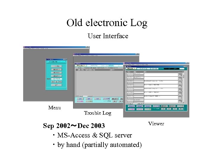 Old electronic Log User Interface Menu Trouble Log Sep 2002～Dec 2003 ・MS-Access & SQL