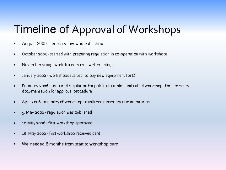 Timeline of Approval of Workshops • August 2005 – primary law was published •