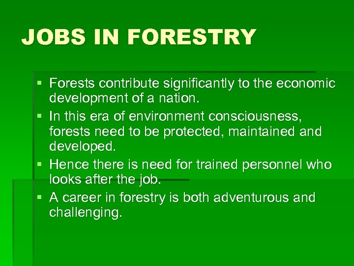 JOBS IN FORESTRY § Forests contribute significantly to the economic development of a nation.