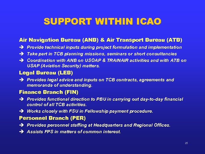 SUPPORT WITHIN ICAO Air Navigation Bureau (ANB) & Air Transport Bureau (ATB) è Provide