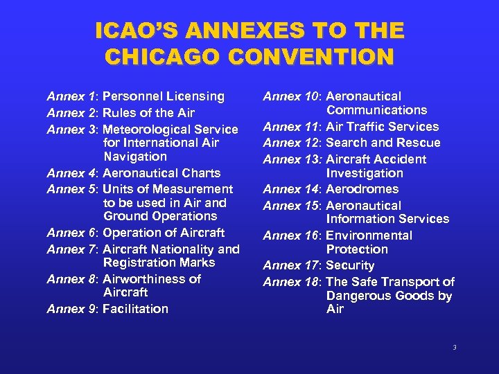 ICAO’S ANNEXES TO THE CHICAGO CONVENTION Annex 1: Personnel Licensing Annex 2: Rules of