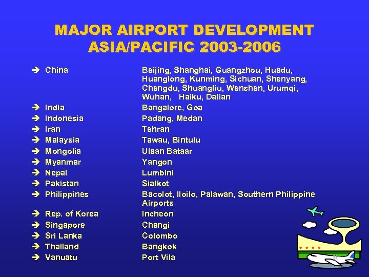 MAJOR AIRPORT DEVELOPMENT ASIA/PACIFIC 2003 -2006 è China è è è è è India