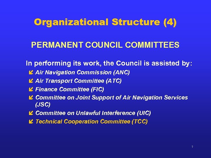 Organizational Structure (4) PERMANENT COUNCIL COMMITTEES In performing its work, the Council is assisted