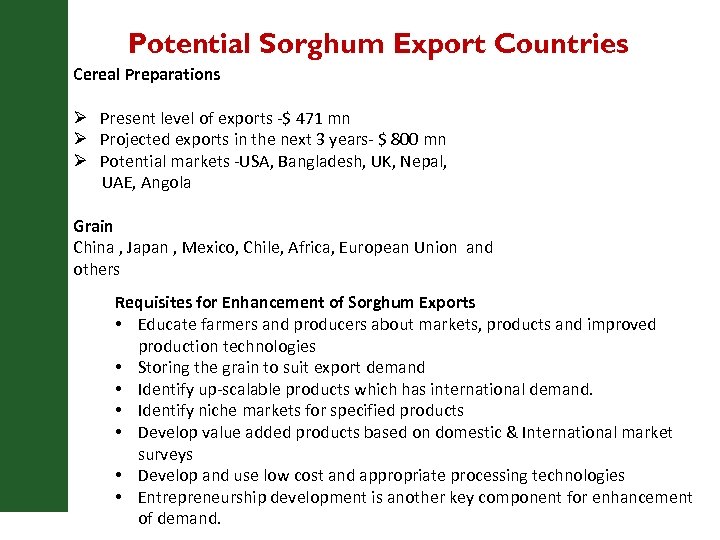 Potential Sorghum Export Countries Cereal Preparations Ø Present level of exports -$ 471 mn