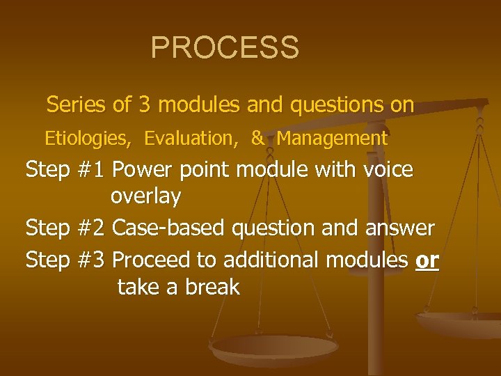 PROCESS Series of 3 modules and questions on Etiologies, Evaluation, & Management Step #1