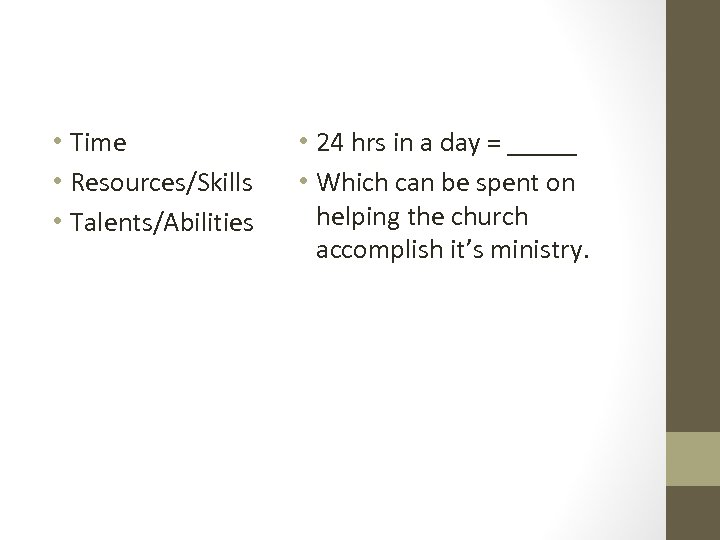  • Time • Resources/Skills • Talents/Abilities • 24 hrs in a day =