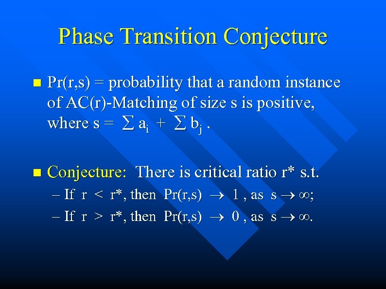 Phase Transition Conjecture n Pr(r, s) = probability that a random instance of AC(r)-Matching