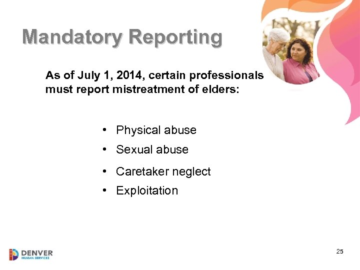 Mandatory Reporting As of July 1, 2014, certain professionals must report mistreatment of elders: