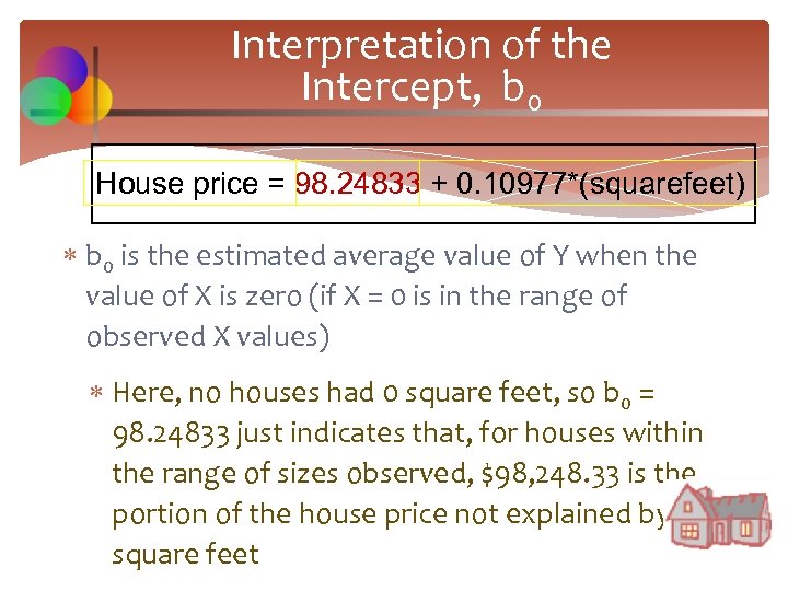 Interpretation of the Intercept, b 0 House price = 98. 24833 + 0. 10977*(squarefeet)