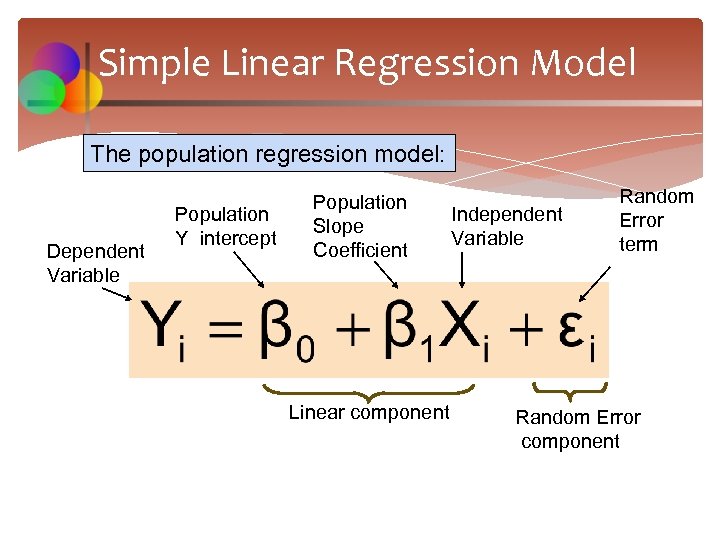 Simple Linear Regression Model The population regression model: Dependent Variable Population Y intercept Population