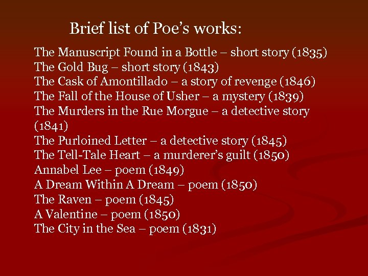 Brief list of Poe’s works: The Manuscript Found in a Bottle – short story
