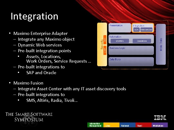 Integration • Maximo Enterprise Adapter – Integrate any Maximo object – Dynamic Web services