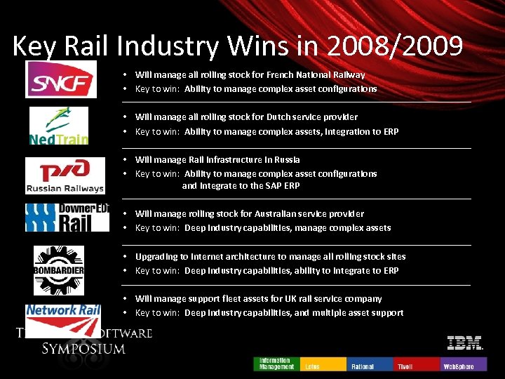 Key Rail Industry Wins in 2008/2009 • Will manage all rolling stock for French