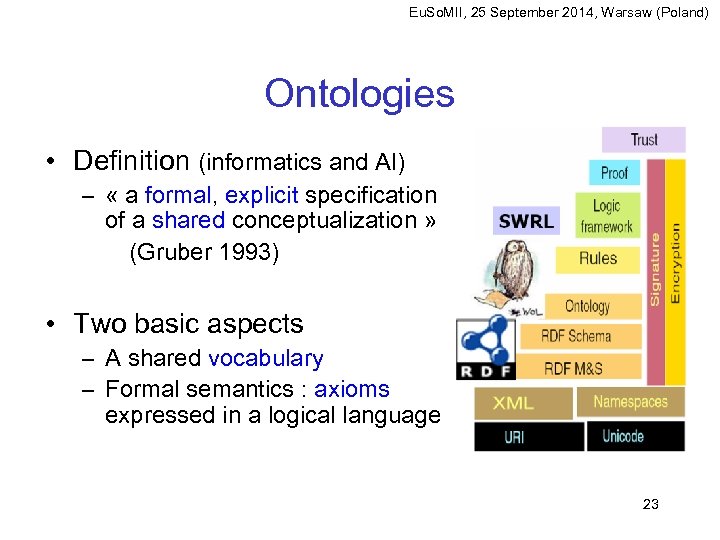 Eu. So. MII, 25 September 2014, Warsaw (Poland) Ontologies • Definition (informatics and AI)