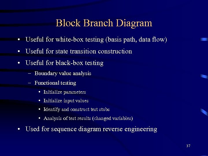 Block Branch Diagram • Useful for white-box testing (basis path, data flow) • Useful