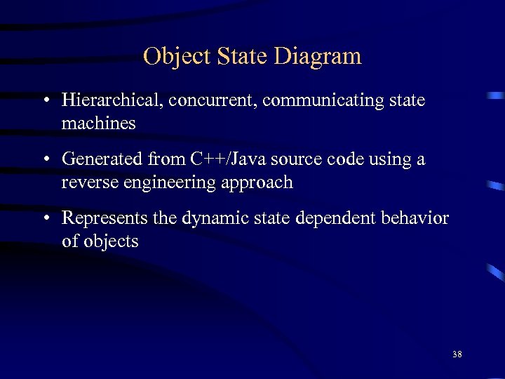 Object State Diagram • Hierarchical, concurrent, communicating state machines • Generated from C++/Java source