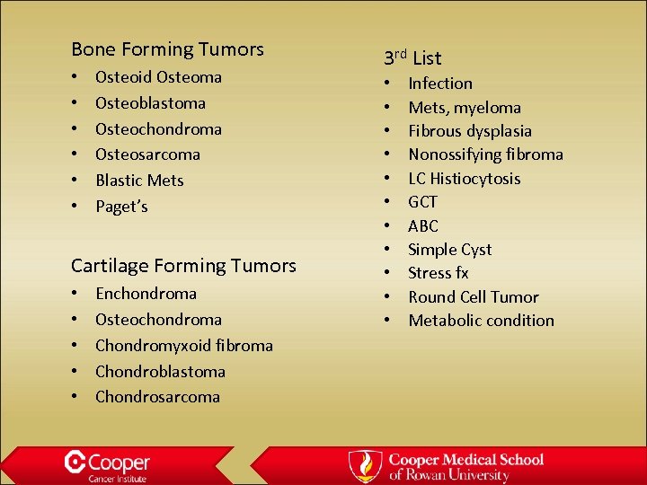 Bone Forming Tumors • • • Osteoid Osteoma Osteoblastoma Osteochondroma Osteosarcoma Blastic Mets Paget’s