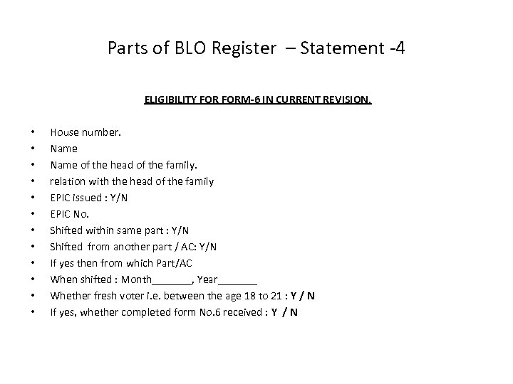 Parts of BLO Register – Statement -4 ELIGIBILITY FORM-6 IN CURRENT REVISION. • •