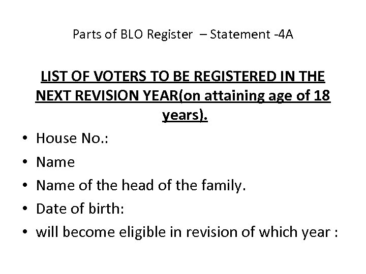Parts of BLO Register – Statement -4 A • • • LIST OF VOTERS