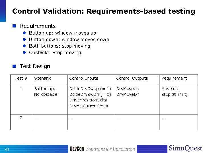 Control Validation: Requirements-based testing n Requirements l l Button up: window moves up Button