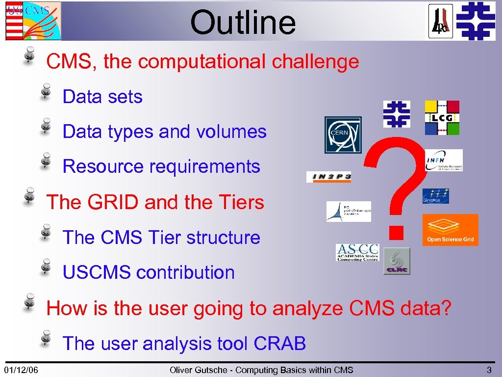 Outline CMS, the computational challenge Data sets Data types and volumes Resource requirements The