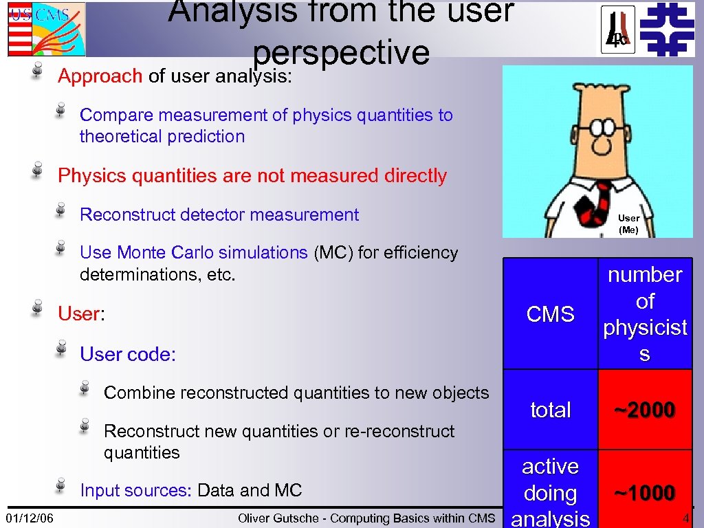 Analysis from the user perspective Approach of user analysis: Compare measurement of physics quantities