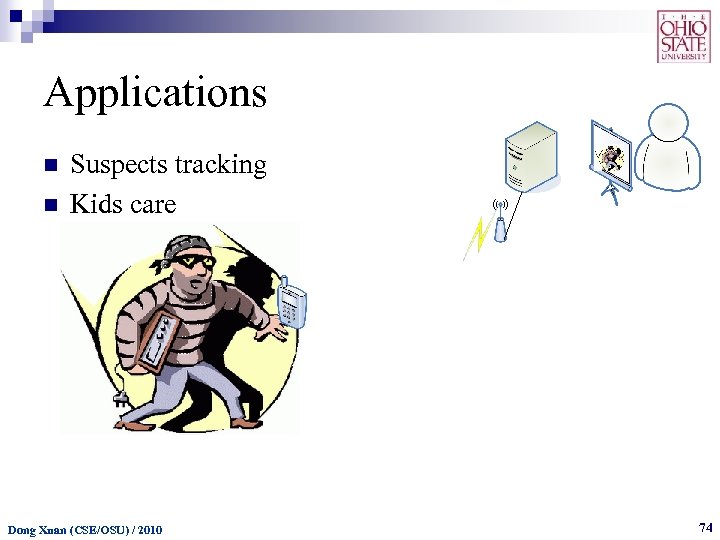 Applications n n Suspects tracking Kids care Dong Xuan (CSE/OSU) / 2010 74 