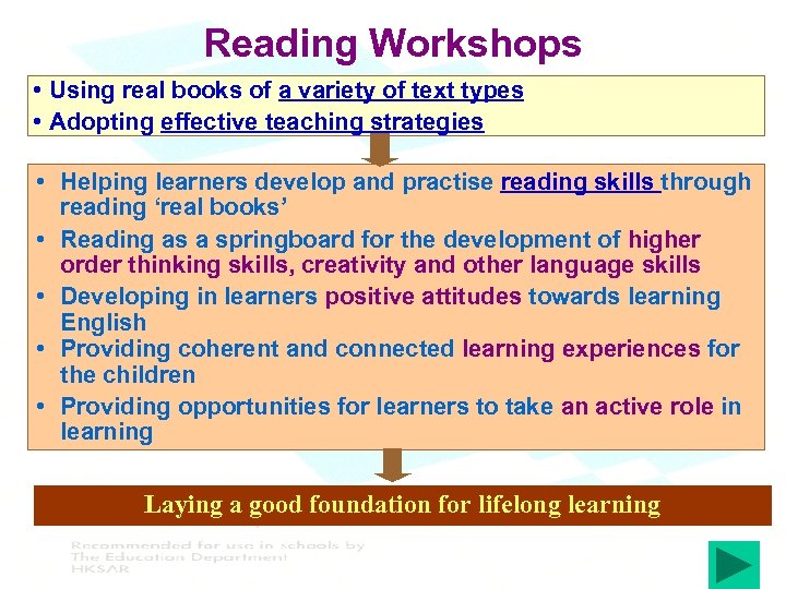 Reading Workshops • Using real books of a variety of text types • Adopting