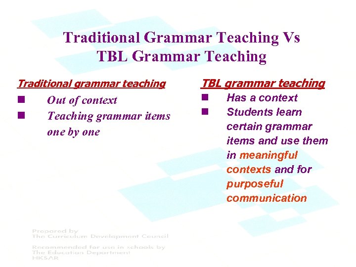 Traditional Grammar Teaching Vs TBL Grammar Teaching Traditional grammar teaching n n Out of