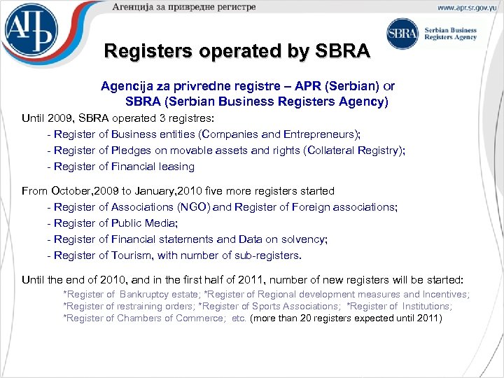 Registers operated by SBRA Agencija za privredne registre – APR (Serbian) or SBRA (Serbian