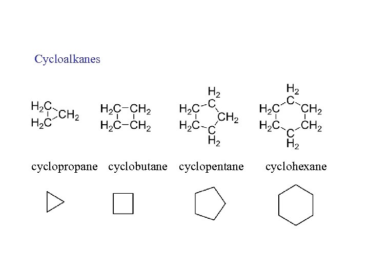 Cycloalkanes cyclopropane cyclobutane cyclopentane cyclohexane 