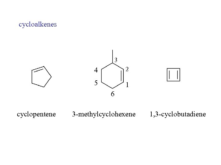 cycloalkenes 3 4 2 5 1 6 cyclopentene 3 -methylcyclohexene 1, 3 -cyclobutadiene 