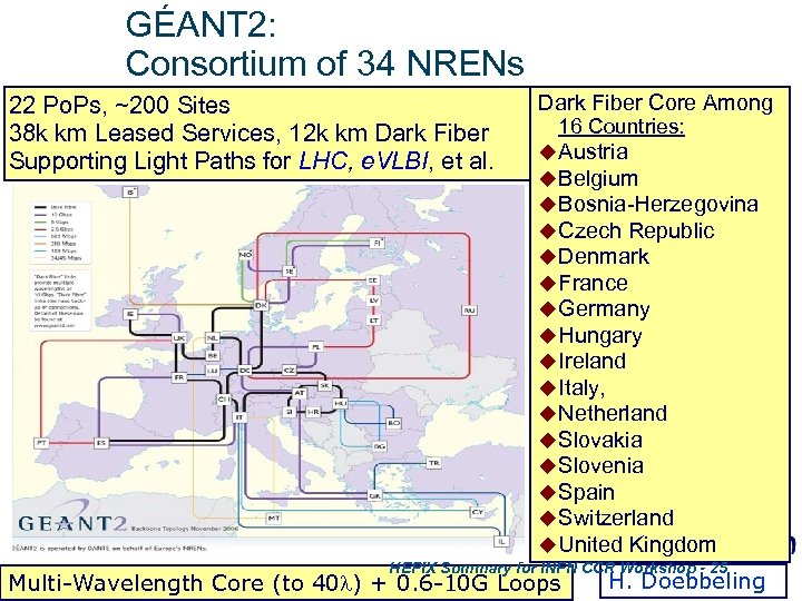 GÉANT 2: Consortium of 34 NRENs 22 Po. Ps, ~200 Sites 38 k km
