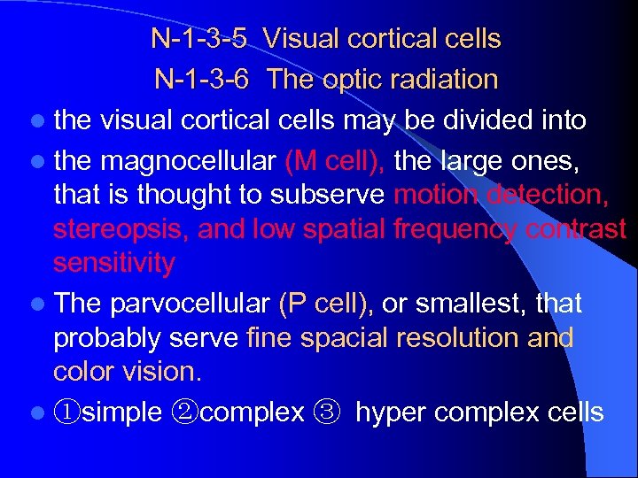 N-1 -3 -5 Visual cortical cells N-1 -3 -6 The optic radiation l the