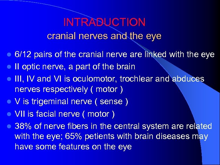 INTRADUCTION cranial nerves and the eye l l l 6/12 pairs of the cranial