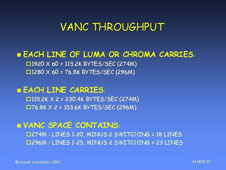 VANC THROUGHPUT n EACH LINE OF LUMA OR CHROMA CARRIES: o 1920 X 60