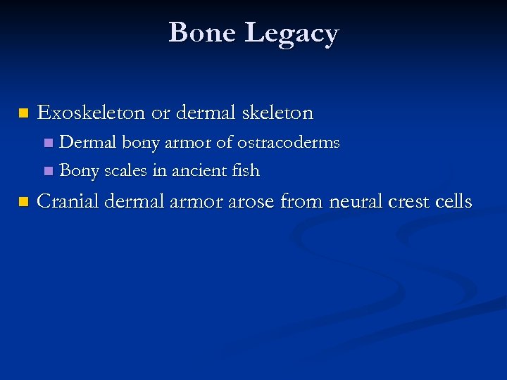 Bone Legacy n Exoskeleton or dermal skeleton Dermal bony armor of ostracoderms n Bony