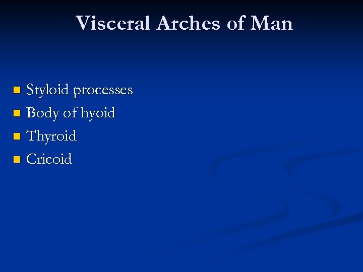 Visceral Arches of Man Styloid processes n Body of hyoid n Thyroid n Cricoid