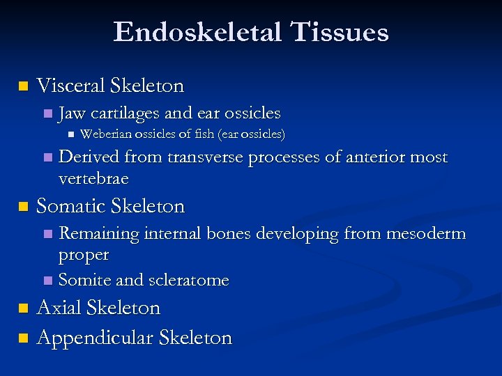 Endoskeletal Tissues n Visceral Skeleton n Jaw cartilages and ear ossicles n n n